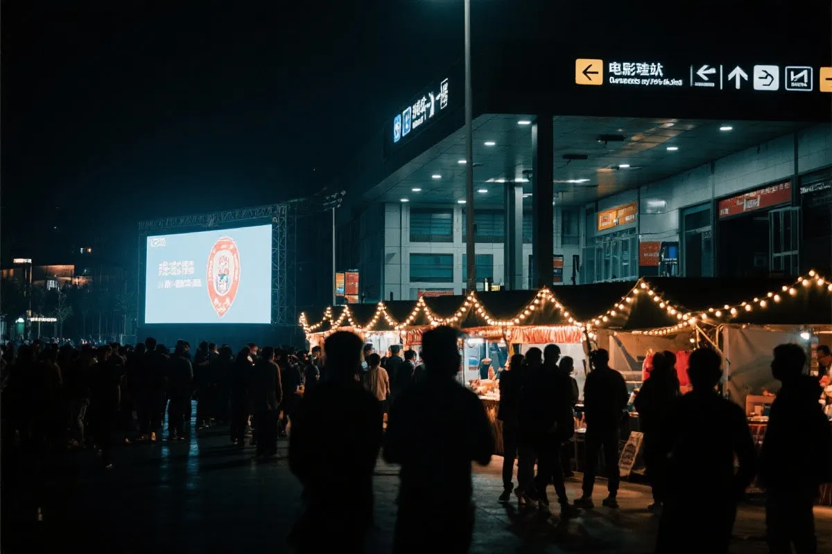 费城球迷广场夜景：大屏观赛人群、步行指示牌与公共交通入口